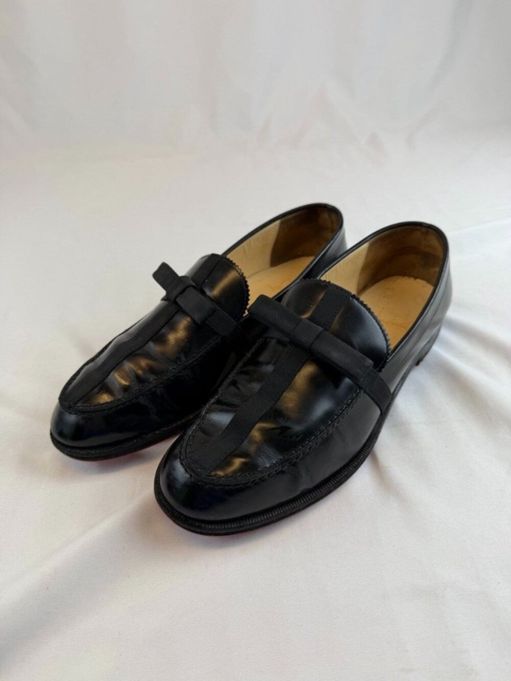 Christian Louboutin Black Patent Leather Loafers Ribbon Red Sole Womens Sz 39.5